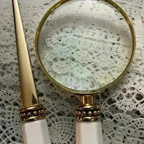 Vintage Cobalt Blue & White Porcelain Desk Set,  Magnifying Glass, Letter Opener - Picture 9 of 16